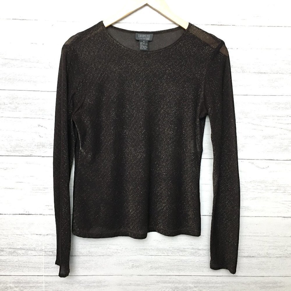 Lafayette 148 Women's Brown Gold Sparkly Top Sheer Long Sleeve Silk Blend M